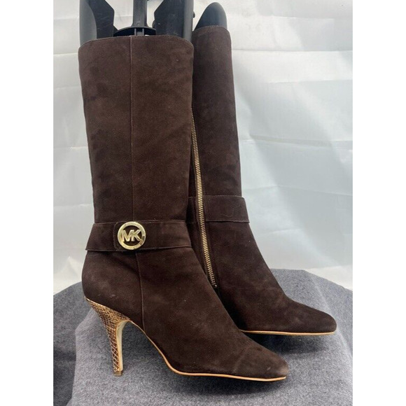 Michael Kors Brown Suede Leather Tall Boots High Heel Gold Emblem Size 9 - Picture 3 of 10